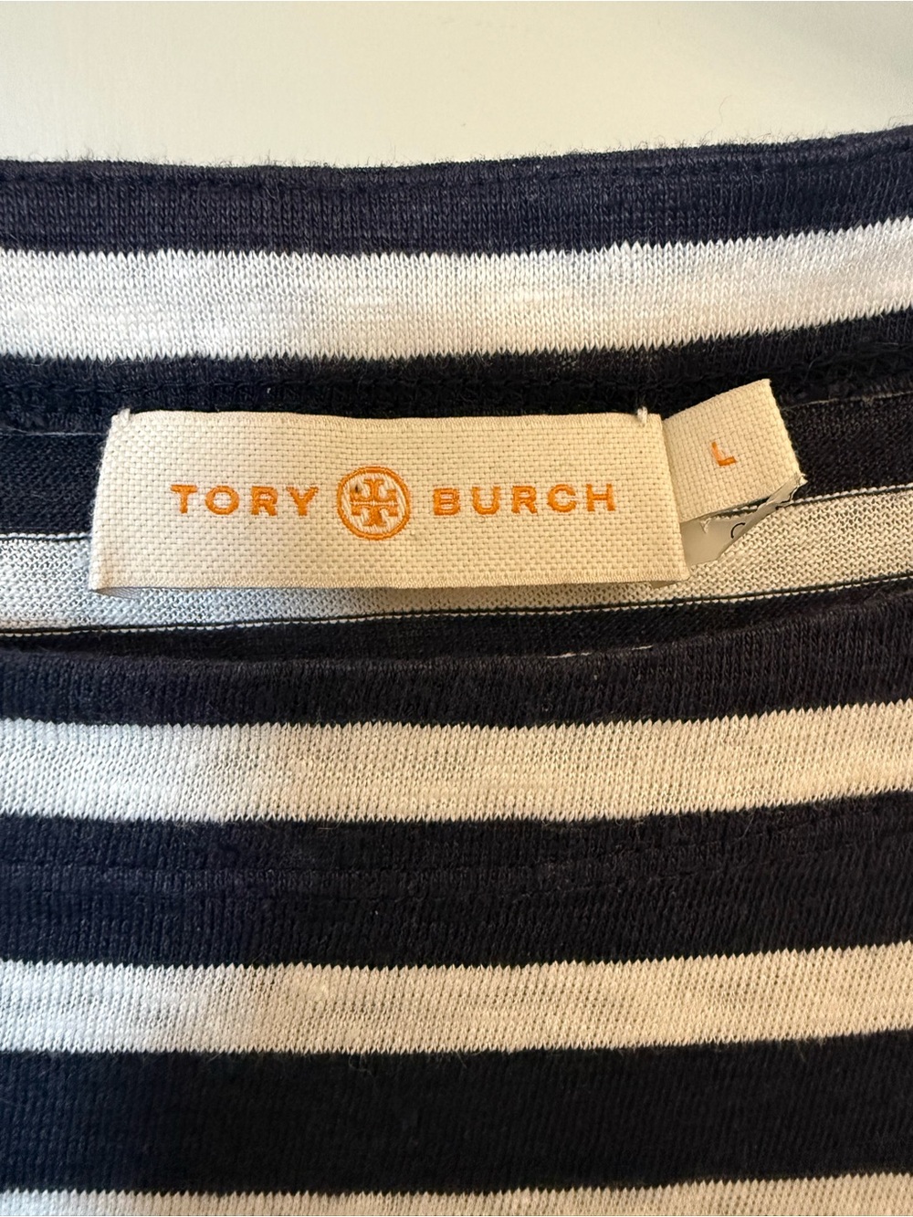 Tory Burch Top Shirt Long Sleeve Pure Linen Pullover Striped Navy Blue White L - Picture 4 of 5